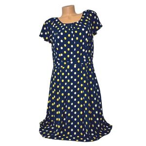Talbots Womens Size 14P Navy Blue Yellow White Polka Dot Short Sleeve Midi Dress